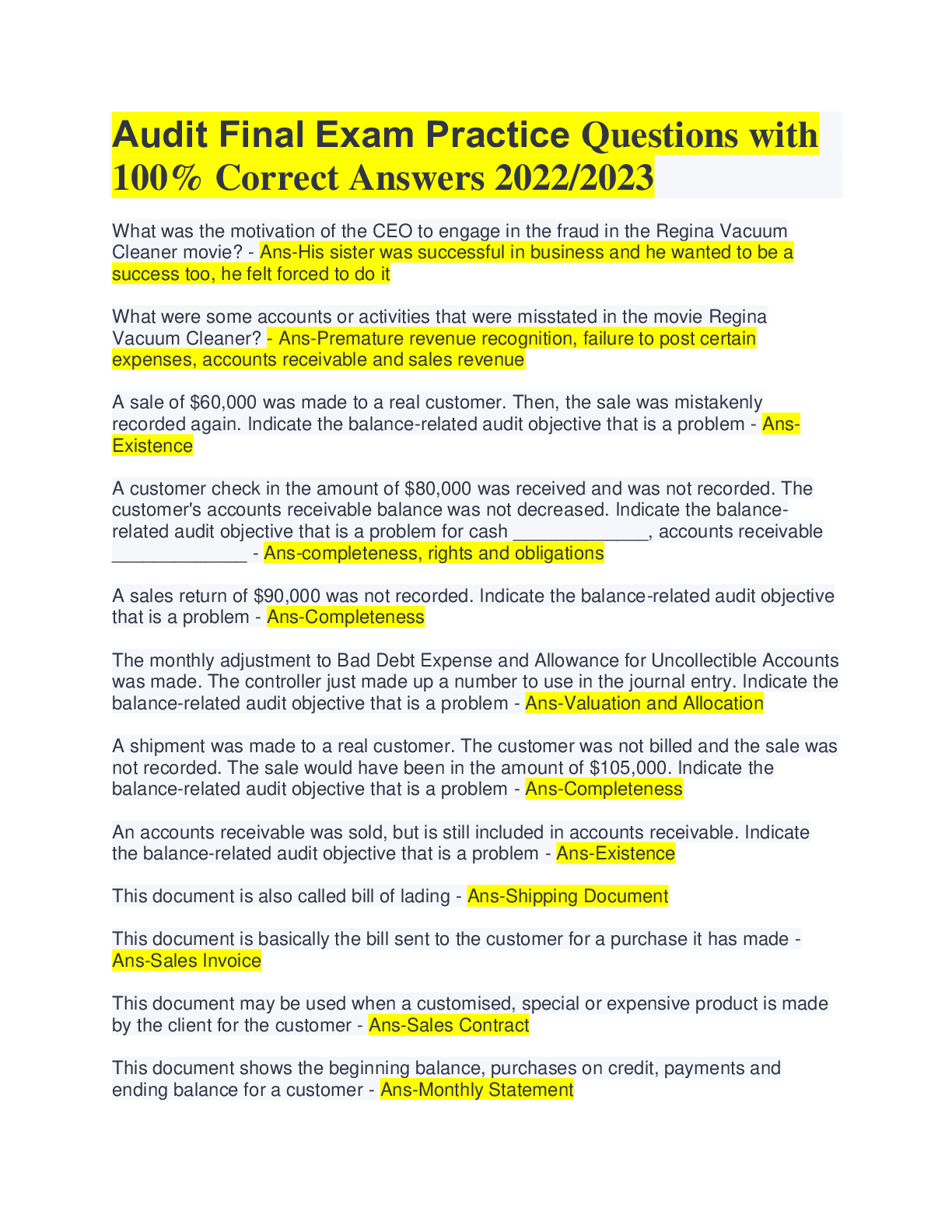 Audit Final Exam 117 Questions with 100 Correct Answers. 2022/2023